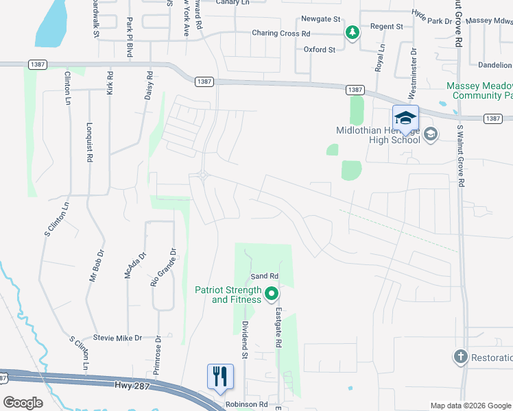map of restaurants, bars, coffee shops, grocery stores, and more near 600 Dividend Street in Midlothian