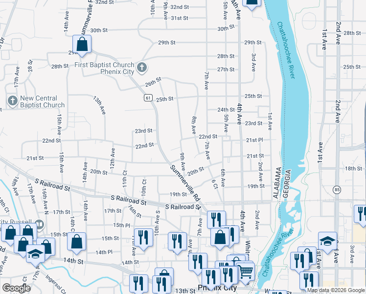 map of restaurants, bars, coffee shops, grocery stores, and more near 2104 9th Avenue in Phenix City