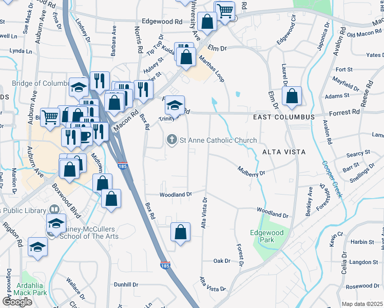 map of restaurants, bars, coffee shops, grocery stores, and more near 1905 Sheffield Drive in Columbus