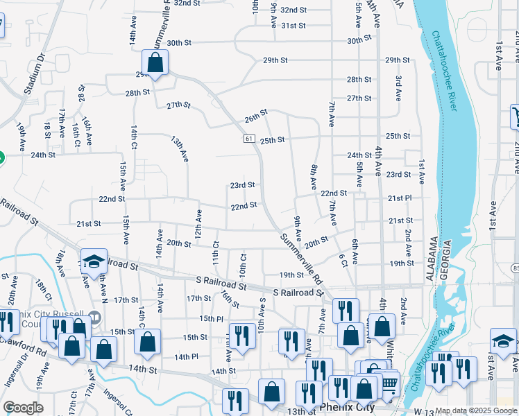 map of restaurants, bars, coffee shops, grocery stores, and more near 2111 Summerville Road in Phenix City