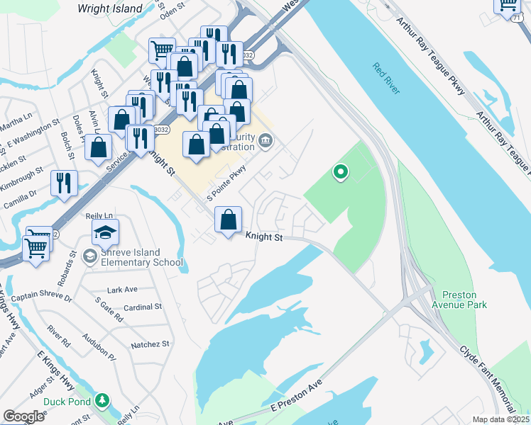 map of restaurants, bars, coffee shops, grocery stores, and more near 2400 Parkway Service Road in Shreveport