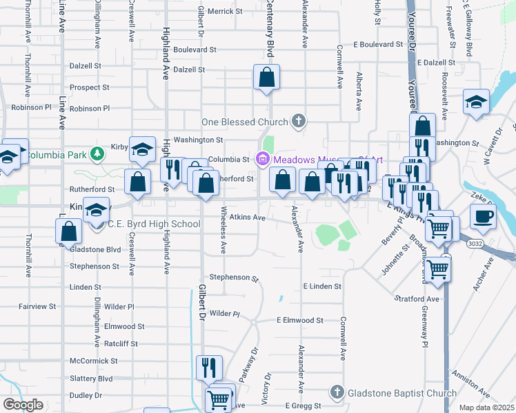 map of restaurants, bars, coffee shops, grocery stores, and more near 3129 Centenary Boulevard in Shreveport
