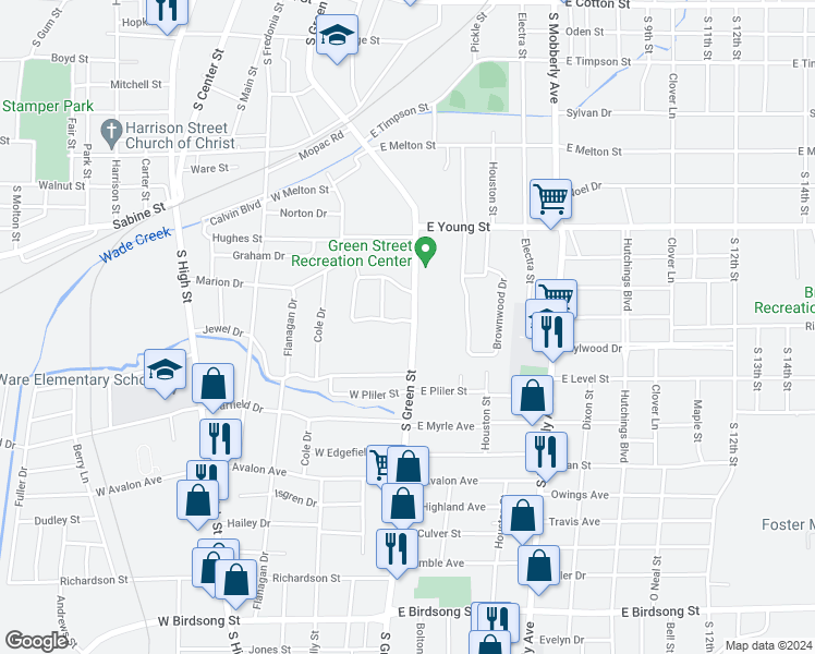 map of restaurants, bars, coffee shops, grocery stores, and more near 37 Covington Drive in Longview