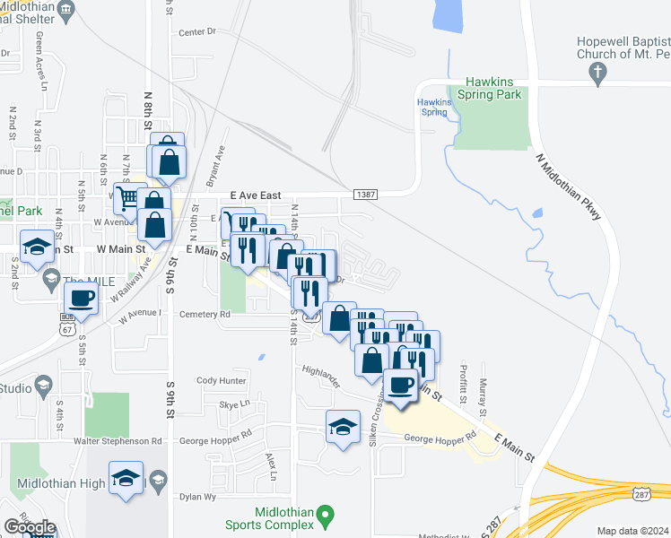map of restaurants, bars, coffee shops, grocery stores, and more near 102 East Maple Ridge Court in Midlothian