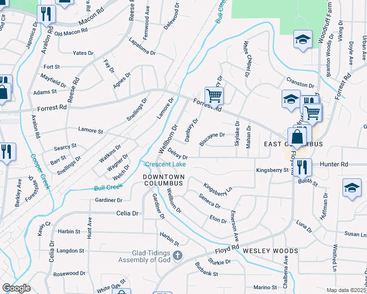 map of restaurants, bars, coffee shops, grocery stores, and more near 4827 Delray Drive in Columbus