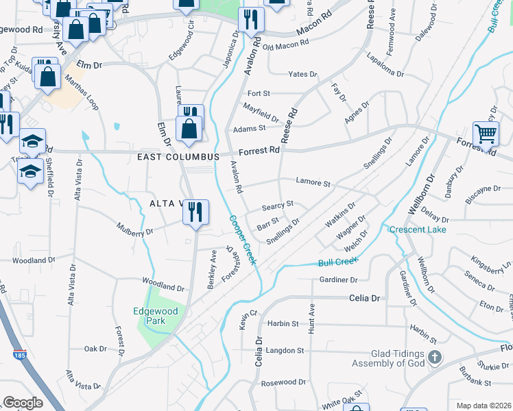 map of restaurants, bars, coffee shops, grocery stores, and more near 4226 Searcy Street in Columbus