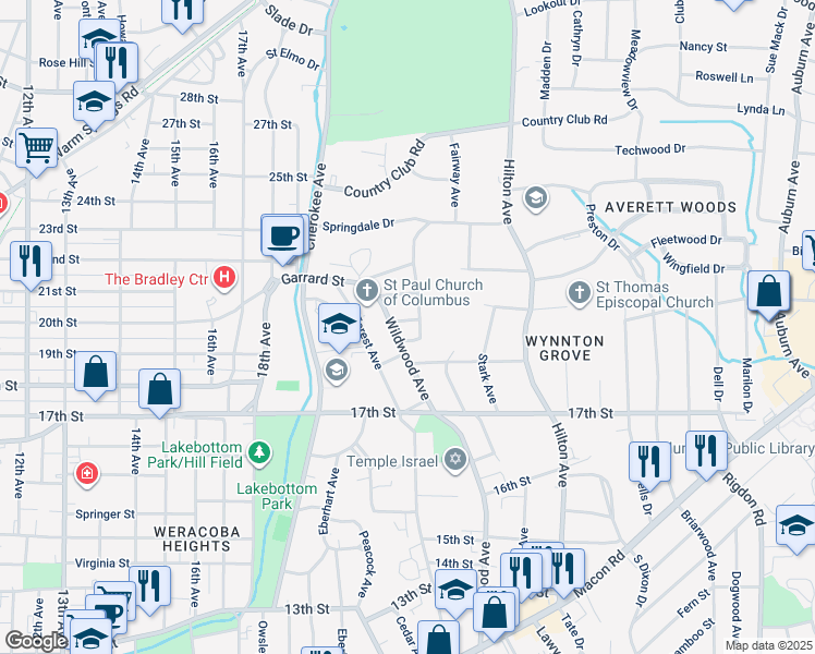 map of restaurants, bars, coffee shops, grocery stores, and more near 2106 20th Street in Columbus