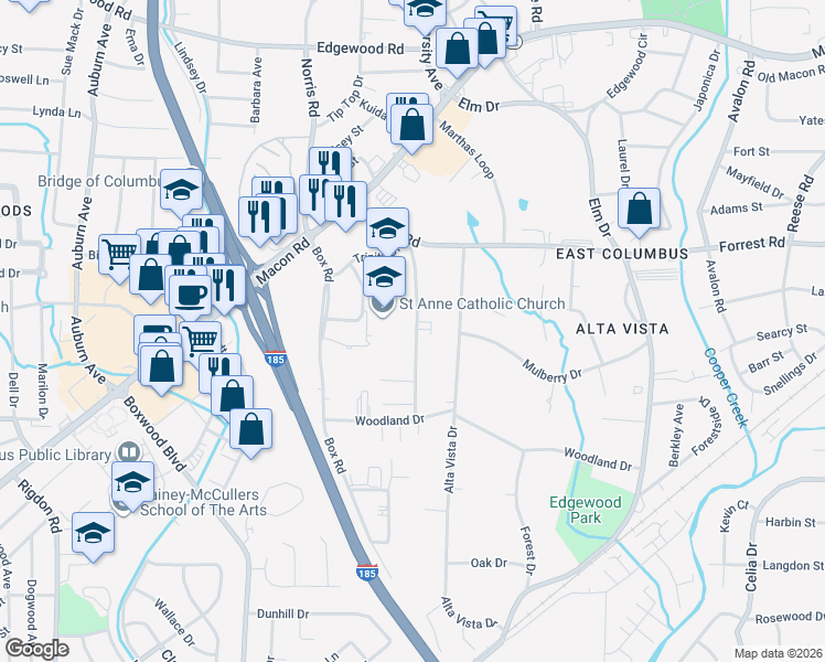 map of restaurants, bars, coffee shops, grocery stores, and more near 1905 Sheffield Drive in Columbus