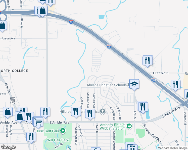 map of restaurants, bars, coffee shops, grocery stores, and more near 2649 Madison Avenue in Abilene