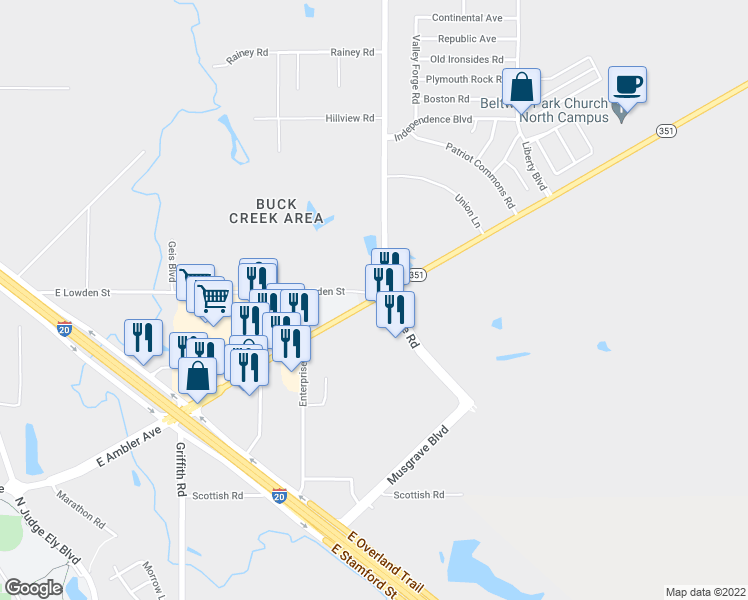 map of restaurants, bars, coffee shops, grocery stores, and more near 2109 Highway 351 in Abilene