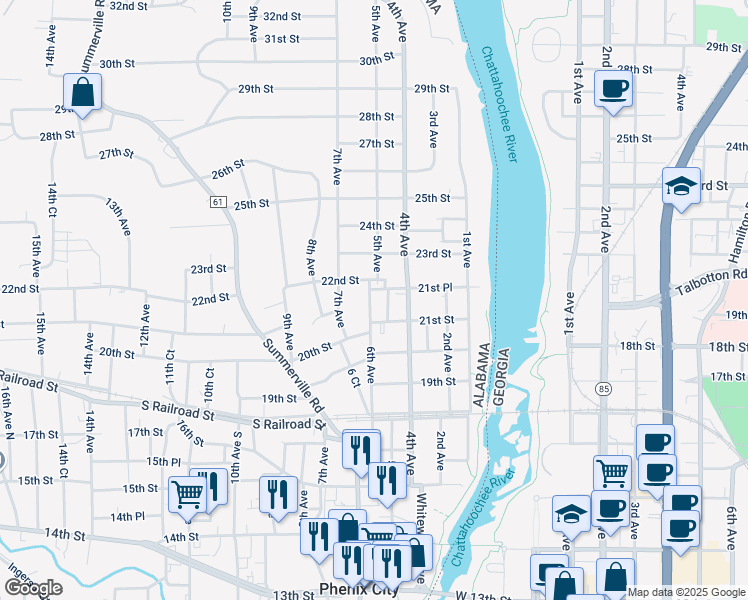 map of restaurants, bars, coffee shops, grocery stores, and more near 2109 6th Avenue in Phenix City