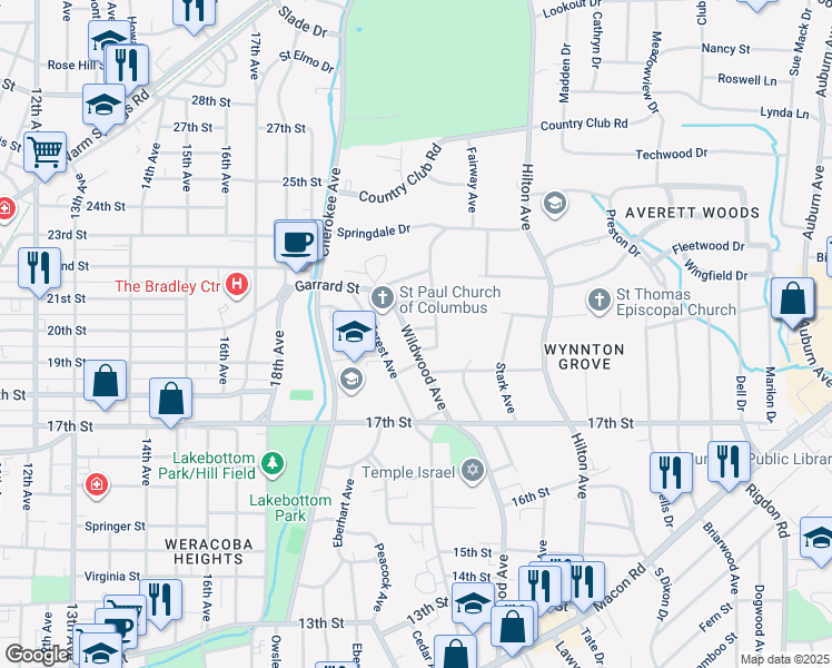 map of restaurants, bars, coffee shops, grocery stores, and more near 1940 Wildwood Avenue in Columbus