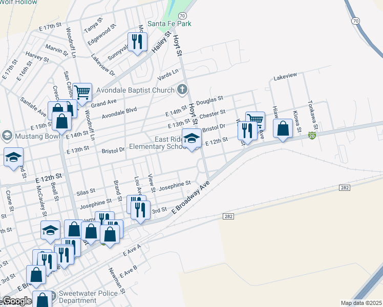 map of restaurants, bars, coffee shops, grocery stores, and more near 1700 East 12th Street in Sweetwater
