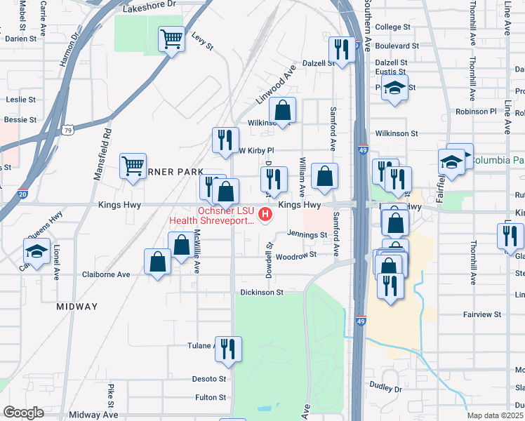 map of restaurants, bars, coffee shops, grocery stores, and more near 1501 Kings Highway in Shreveport