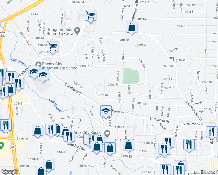 map of restaurants, bars, coffee shops, grocery stores, and more near 1513 22nd Street in Phenix City