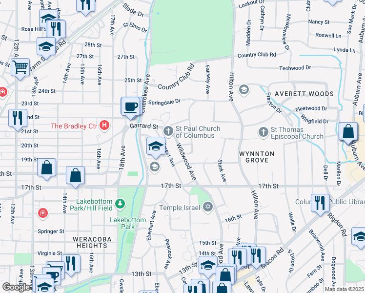 map of restaurants, bars, coffee shops, grocery stores, and more near 1921 Wildwood Avenue in Columbus