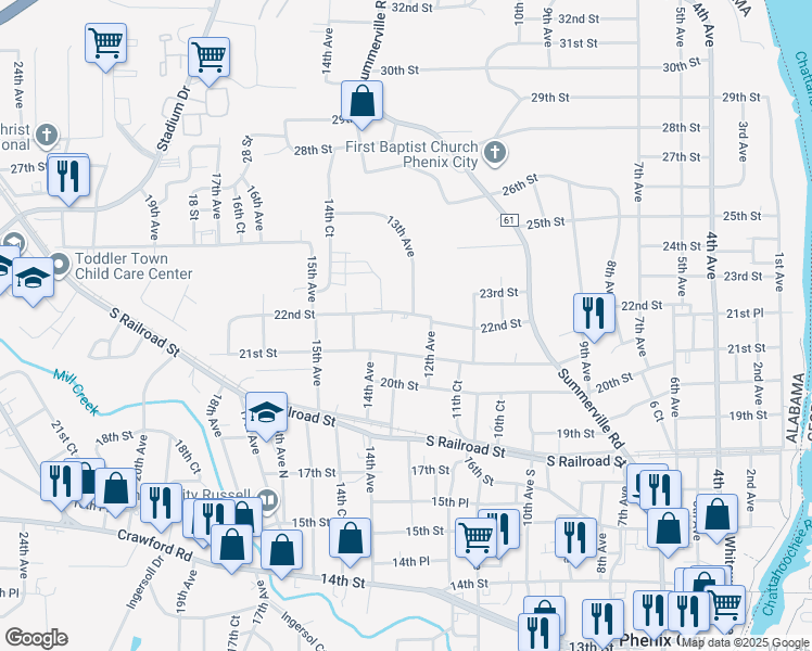 map of restaurants, bars, coffee shops, grocery stores, and more near 1210 21st Street in Phenix City
