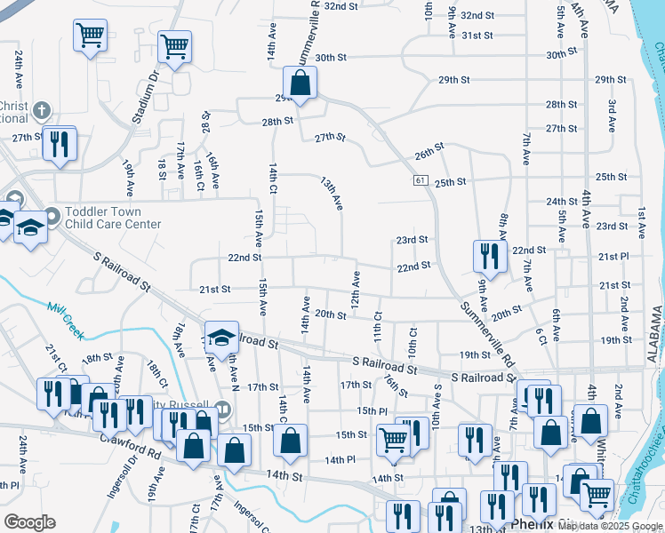 map of restaurants, bars, coffee shops, grocery stores, and more near 1210 21st Street in Phenix City