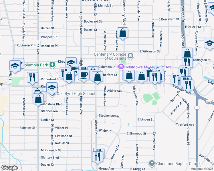 map of restaurants, bars, coffee shops, grocery stores, and more near 230 Atkins Avenue in Shreveport