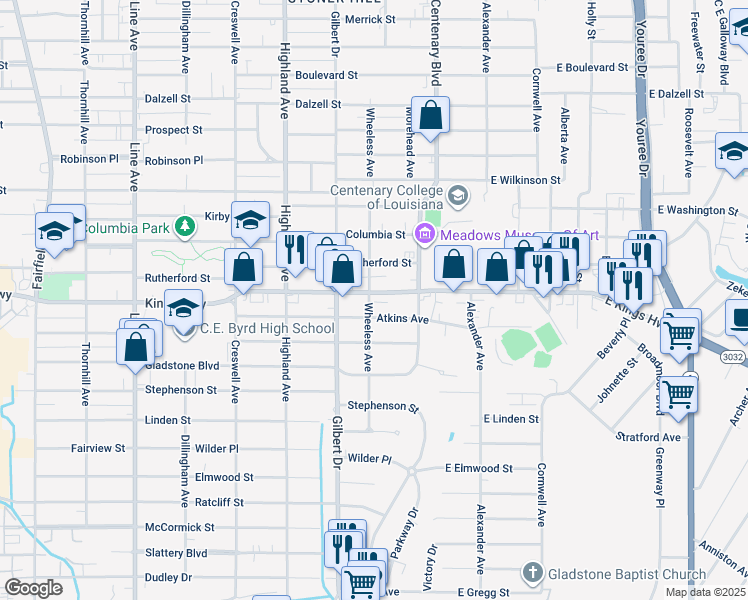 map of restaurants, bars, coffee shops, grocery stores, and more near 320 Atkins Avenue in Shreveport