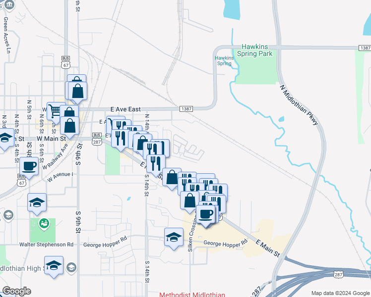map of restaurants, bars, coffee shops, grocery stores, and more near 721 East Ridge Drive in Midlothian