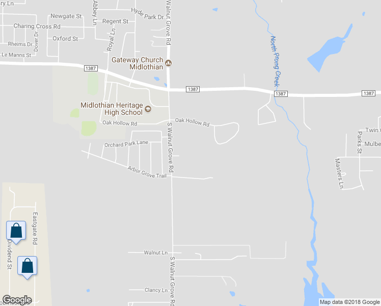 map of restaurants, bars, coffee shops, grocery stores, and more near 440 South Walnut Grove Road in Midlothian