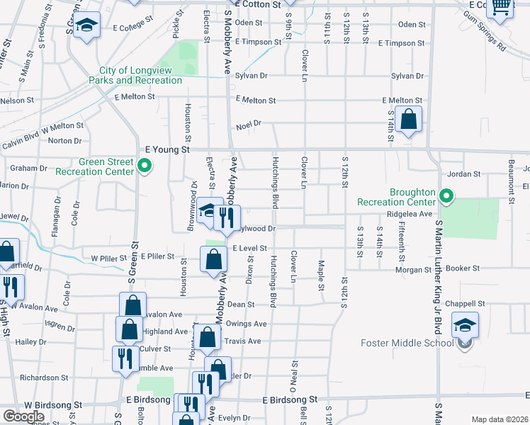 map of restaurants, bars, coffee shops, grocery stores, and more near 531 Idylwood Drive in Longview
