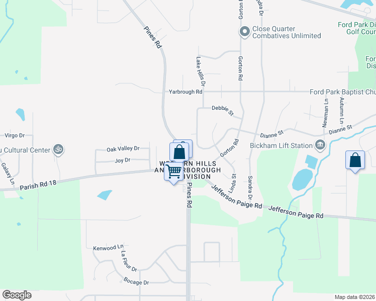 map of restaurants, bars, coffee shops, grocery stores, and more near 3519 Pines Road in Shreveport