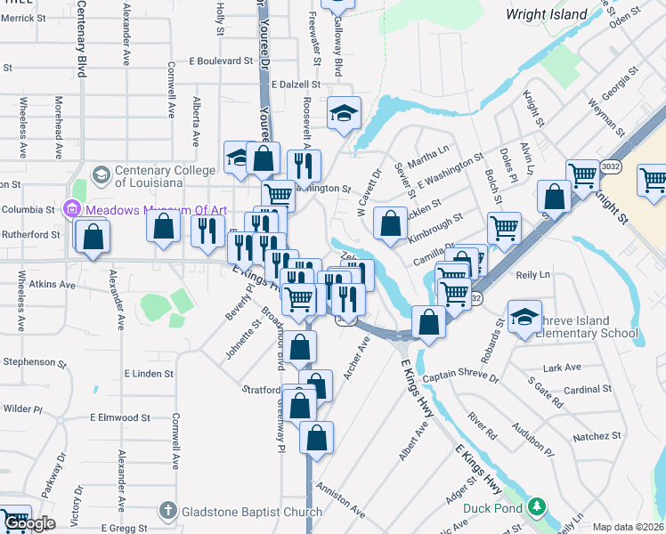 map of restaurants, bars, coffee shops, grocery stores, and more near 3058 Dallas Street in Shreveport
