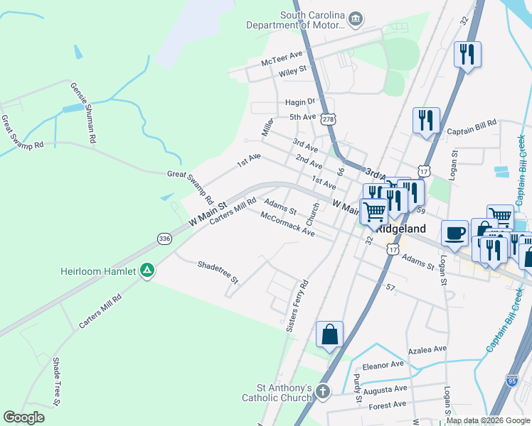 map of restaurants, bars, coffee shops, grocery stores, and more near 342 McCormick Street in Ridgeland