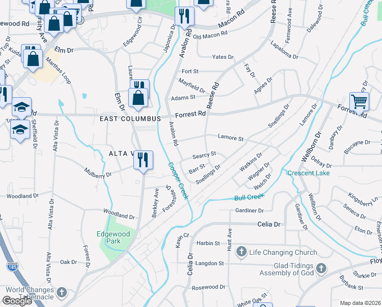 map of restaurants, bars, coffee shops, grocery stores, and more near 4226 Searcy Street in Columbus