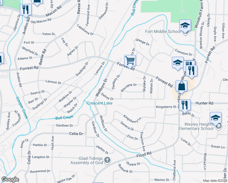 map of restaurants, bars, coffee shops, grocery stores, and more near 4919 Delray Drive in Columbus