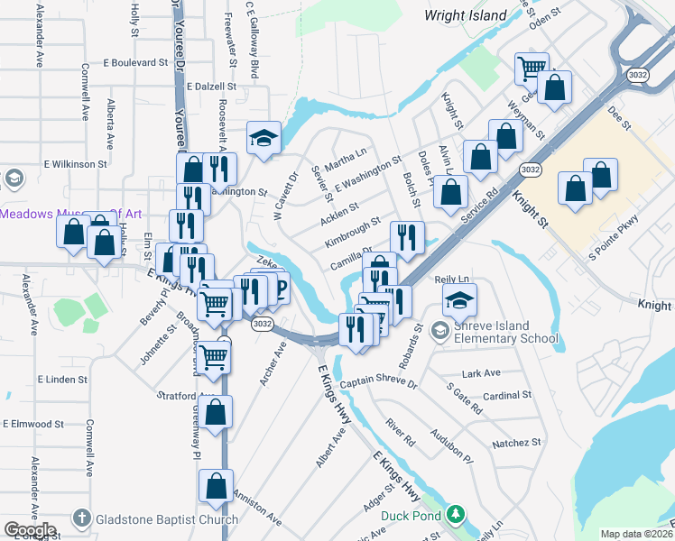 map of restaurants, bars, coffee shops, grocery stores, and more near 711 Camilla Drive in Shreveport