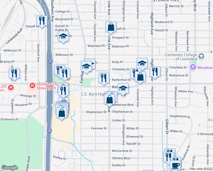 map of restaurants, bars, coffee shops, grocery stores, and more near 806 Kings Highway in Shreveport