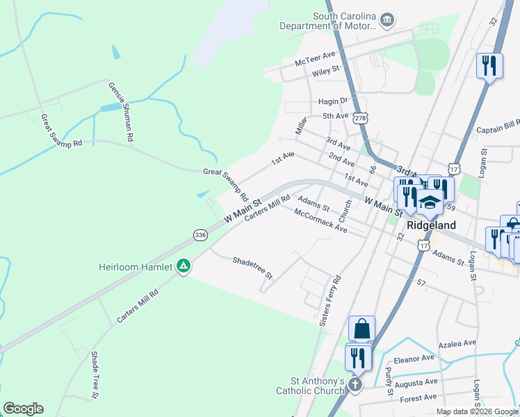 map of restaurants, bars, coffee shops, grocery stores, and more near State Road S-27-48 in Ridgeland