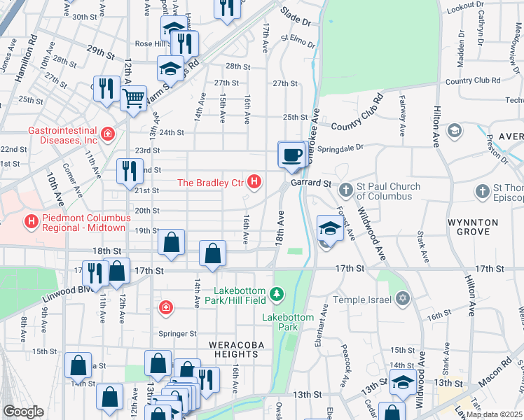 map of restaurants, bars, coffee shops, grocery stores, and more near 1927 17th Avenue in Columbus