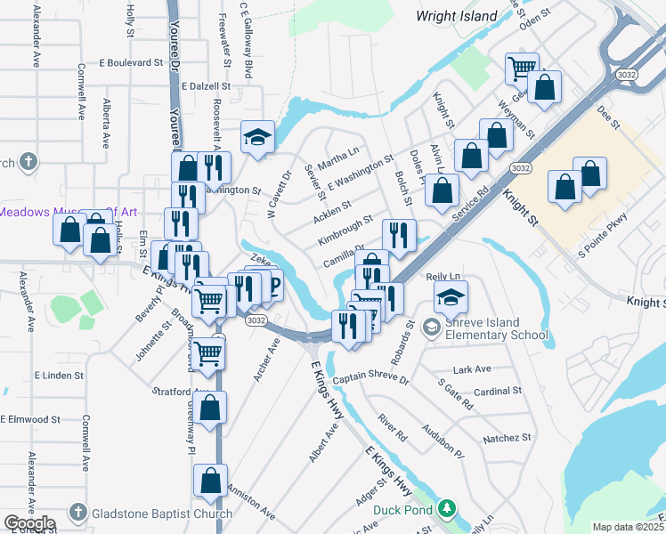 map of restaurants, bars, coffee shops, grocery stores, and more near 3011 West Cavett Drive in Shreveport
