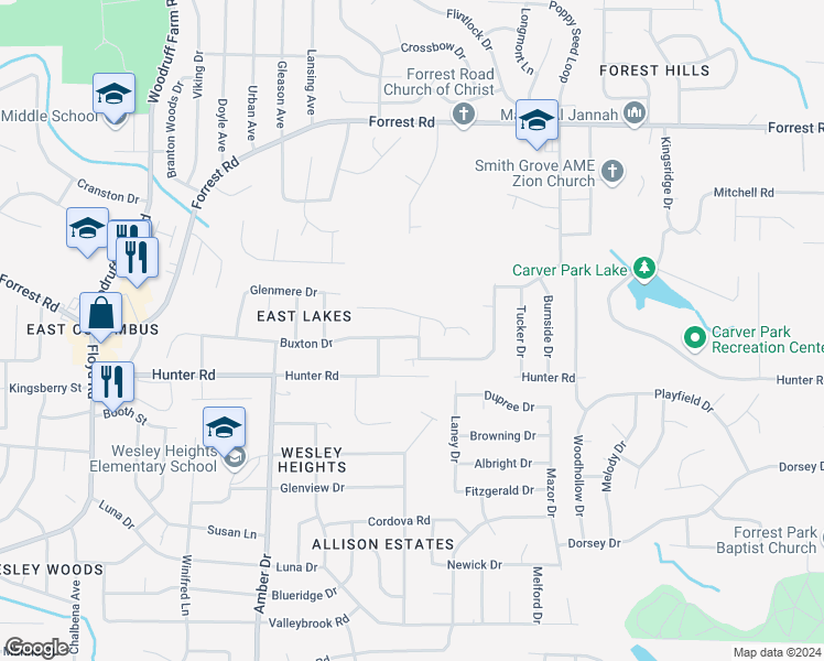 map of restaurants, bars, coffee shops, grocery stores, and more near 6057 Buxton Drive in Columbus