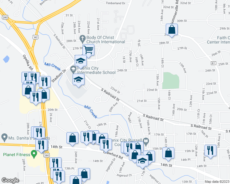 map of restaurants, bars, coffee shops, grocery stores, and more near 1711 22nd Street in Phenix City