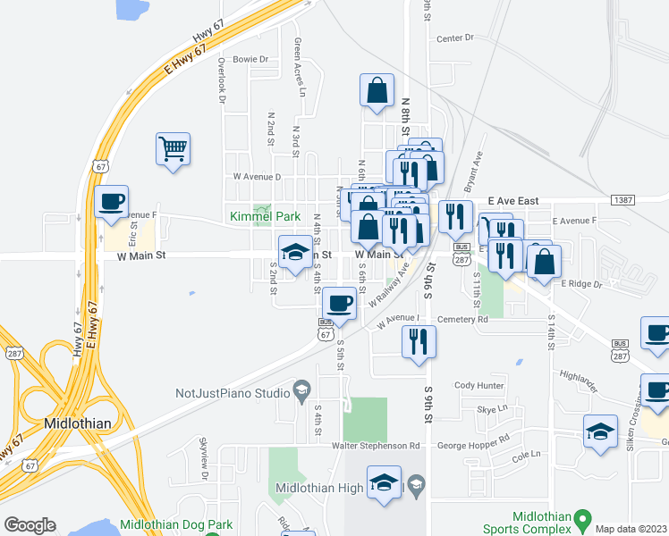 map of restaurants, bars, coffee shops, grocery stores, and more near 111 South 5th Street in Midlothian