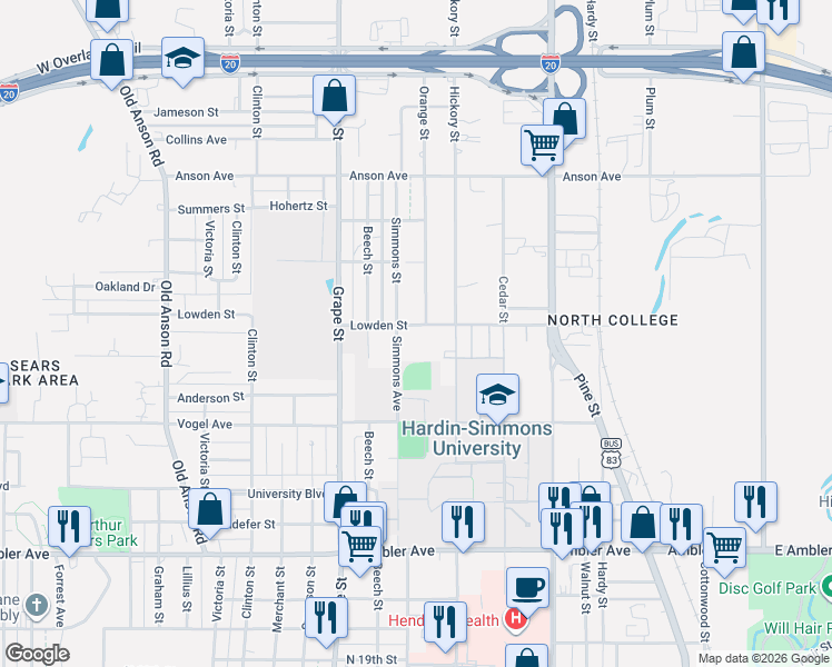 map of restaurants, bars, coffee shops, grocery stores, and more near 2617 Simmons Avenue in Abilene