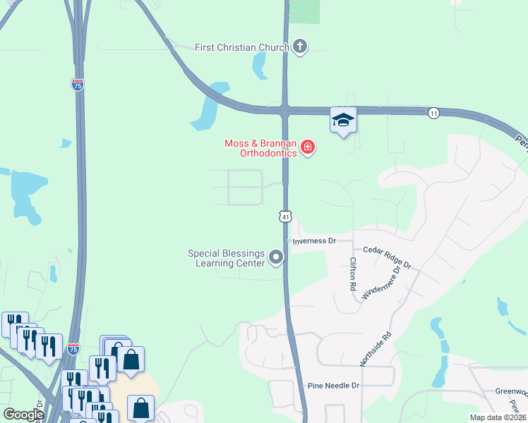 map of restaurants, bars, coffee shops, grocery stores, and more near 111 Tyndall Way in Perry