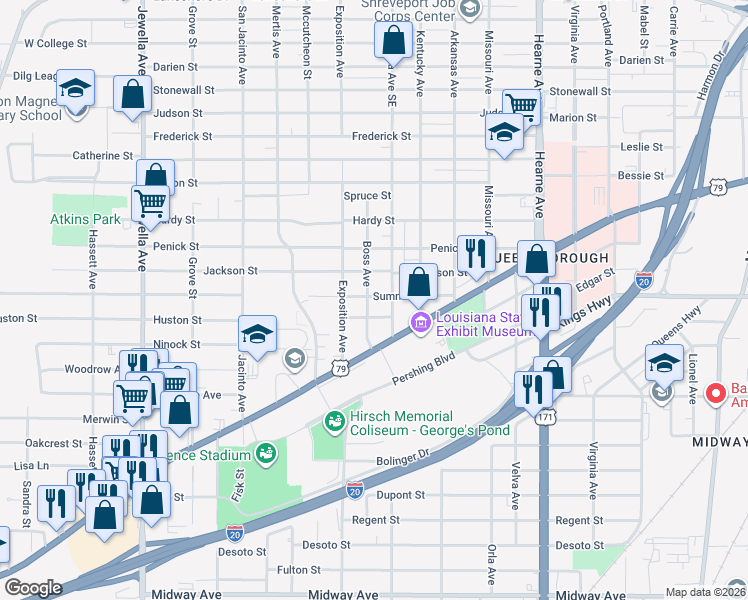 map of restaurants, bars, coffee shops, grocery stores, and more near 3301 Boss Avenue in Shreveport