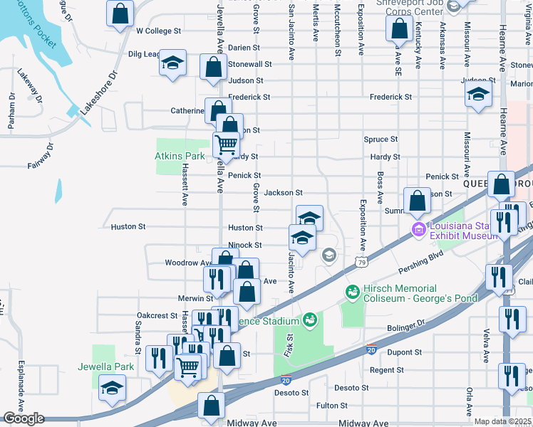 map of restaurants, bars, coffee shops, grocery stores, and more near 3533 Sumner Street in Shreveport