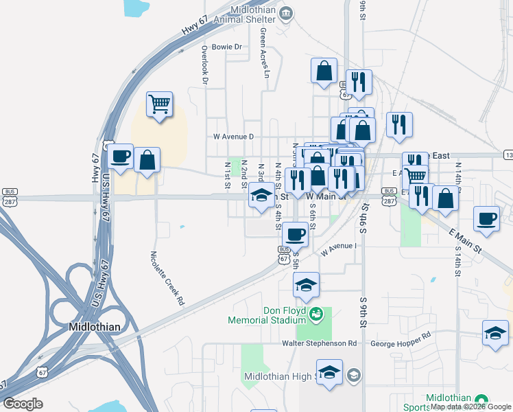 map of restaurants, bars, coffee shops, grocery stores, and more near 14 South 2nd Street in Midlothian