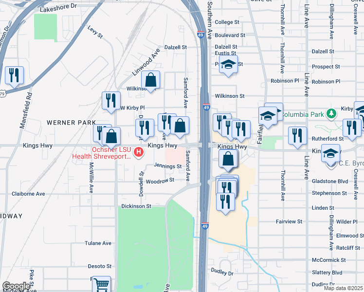 map of restaurants, bars, coffee shops, grocery stores, and more near Kings Highway in Shreveport