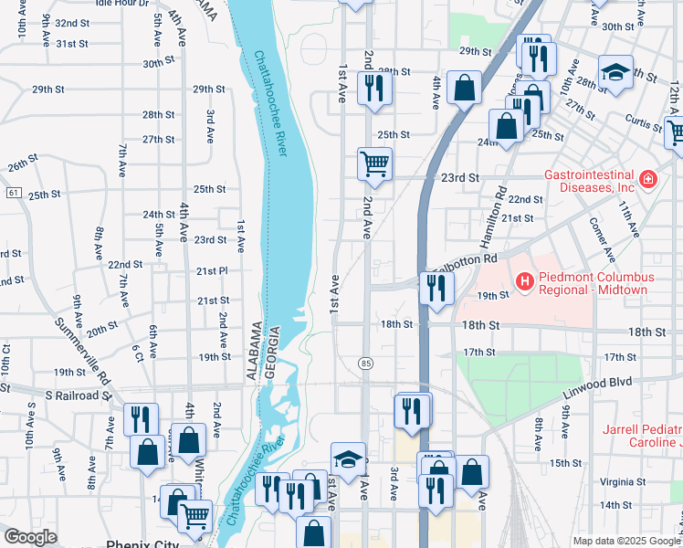 map of restaurants, bars, coffee shops, grocery stores, and more near 1918 1st Avenue in Columbus