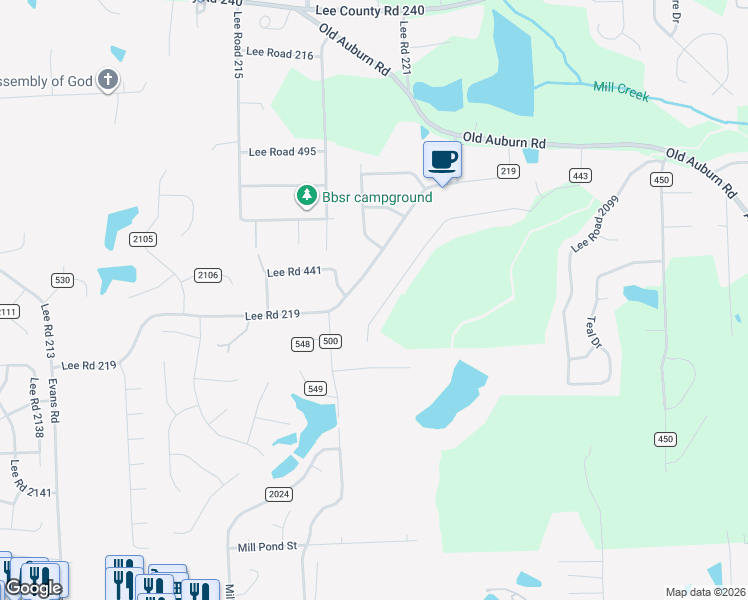 map of restaurants, bars, coffee shops, grocery stores, and more near County Road 219 in Phenix City