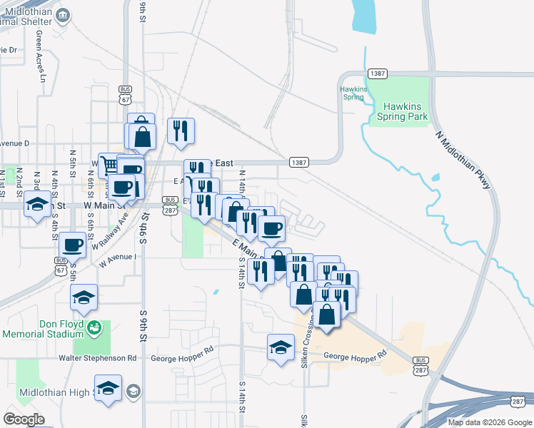map of restaurants, bars, coffee shops, grocery stores, and more near 142 East Maple Ridge Court in Midlothian