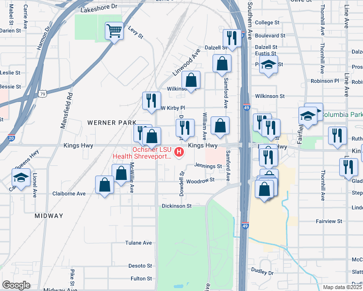 map of restaurants, bars, coffee shops, grocery stores, and more near Kings Highway in Shreveport